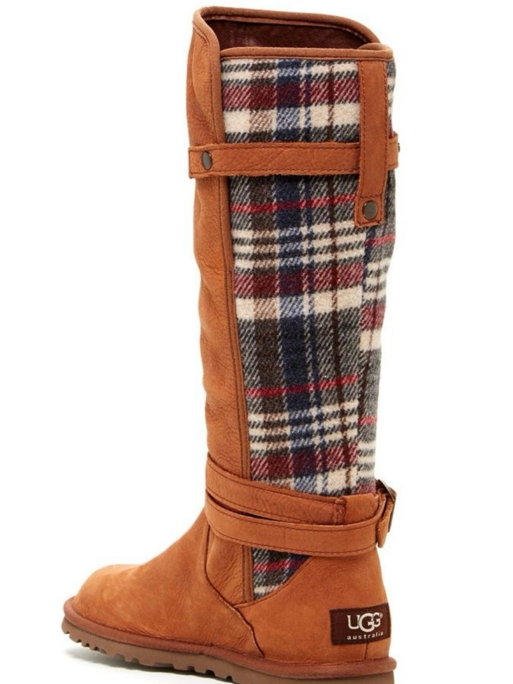 Ugg Marielle tan leather plaid panel tall riding boots size 8